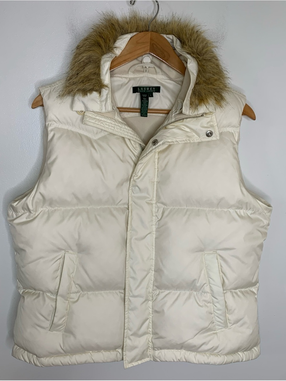 Lauren Ralph Lauren Down Puffer Vest Stand Faux Fur Collar Sz L  Cream/White - Picture 2 of 10